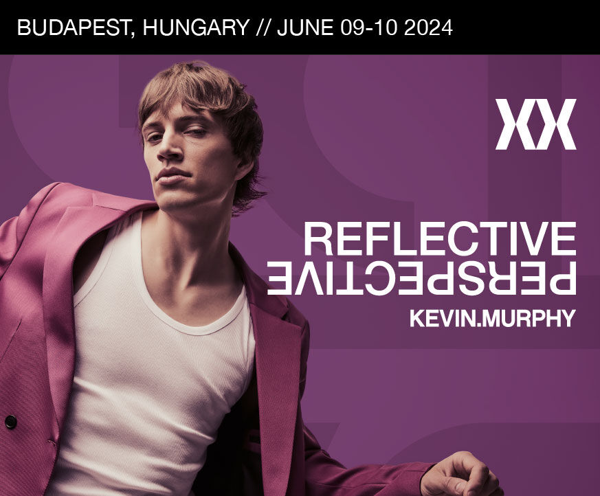 The KEVIN.MURPHY REFLECTIVE PERSPECTIVE show, featuring a male model in a pink suit with the event details